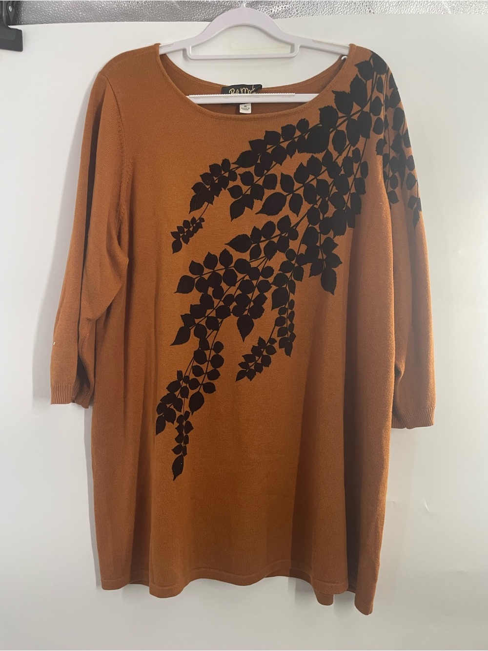 Bob Mackie Burnt Orange Cotton Rayon Knit Tunic with Black Leaf Motif